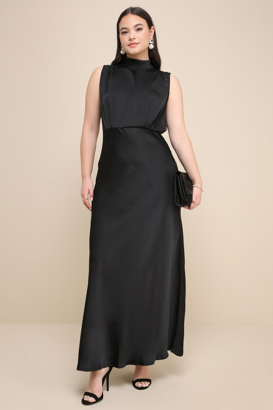 Classic Elegance Black Satin Sleeveless Mock Neck Maxi Dress