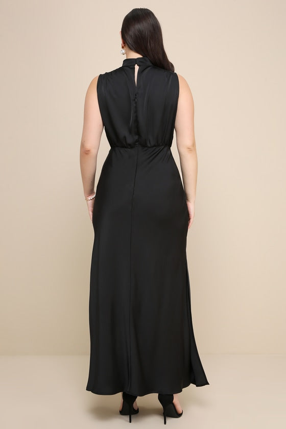 Classic Elegance Black Satin Sleeveless Mock Neck Maxi Dress