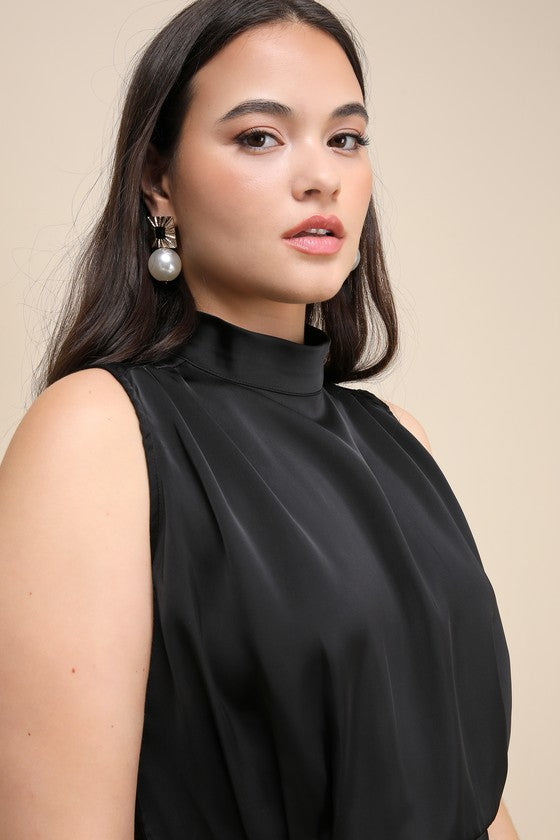 Classic Elegance Black Satin Sleeveless Mock Neck Maxi Dress