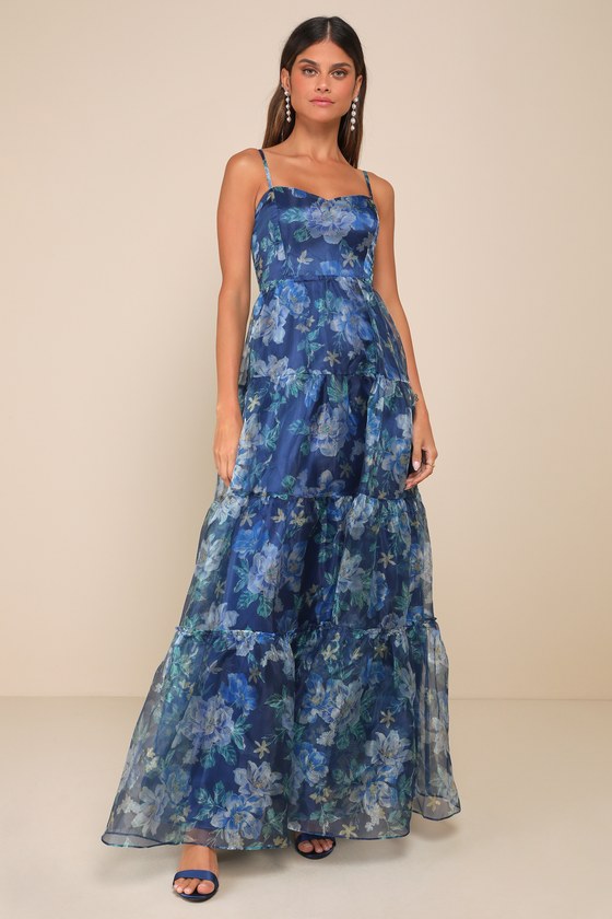 Exclusive Glamour Blue Floral Organza Tiered Maxi Dress