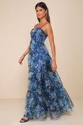Exclusive Glamour Blue Floral Organza Tiered Maxi Dress