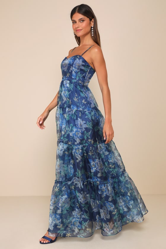 Exclusive Glamour Blue Floral Organza Tiered Maxi Dress
