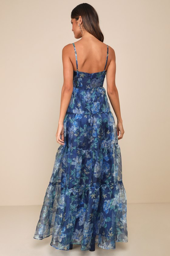 Exclusive Glamour Blue Floral Organza Tiered Maxi Dress