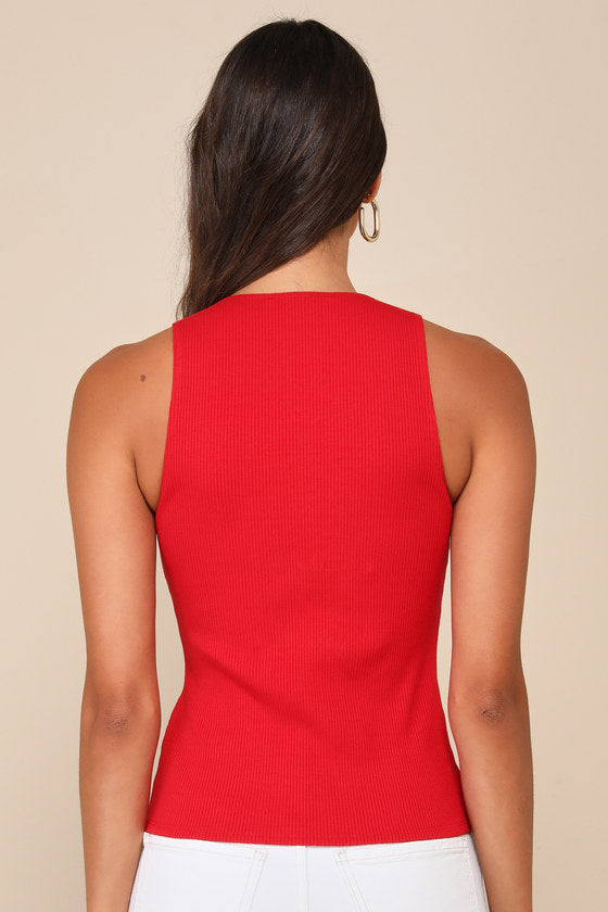 Trendy Endeavor Red Ribbed Notched Tank Top