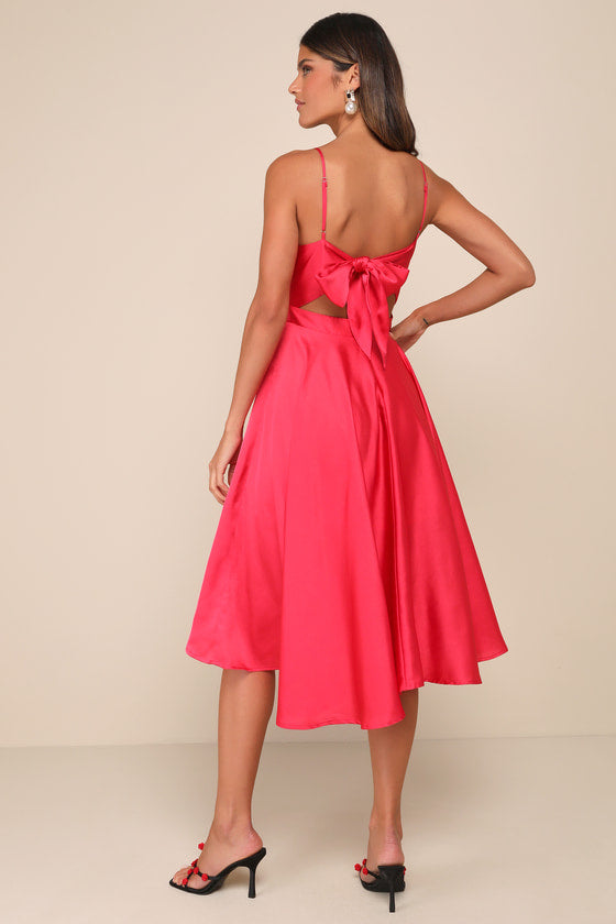 Days Like Today Magenta Satin Asymmetrical Tie-Back Midi Dress