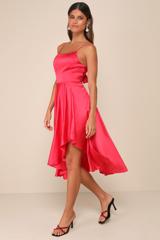 Days Like Today Magenta Satin Asymmetrical Tie-Back Midi Dress