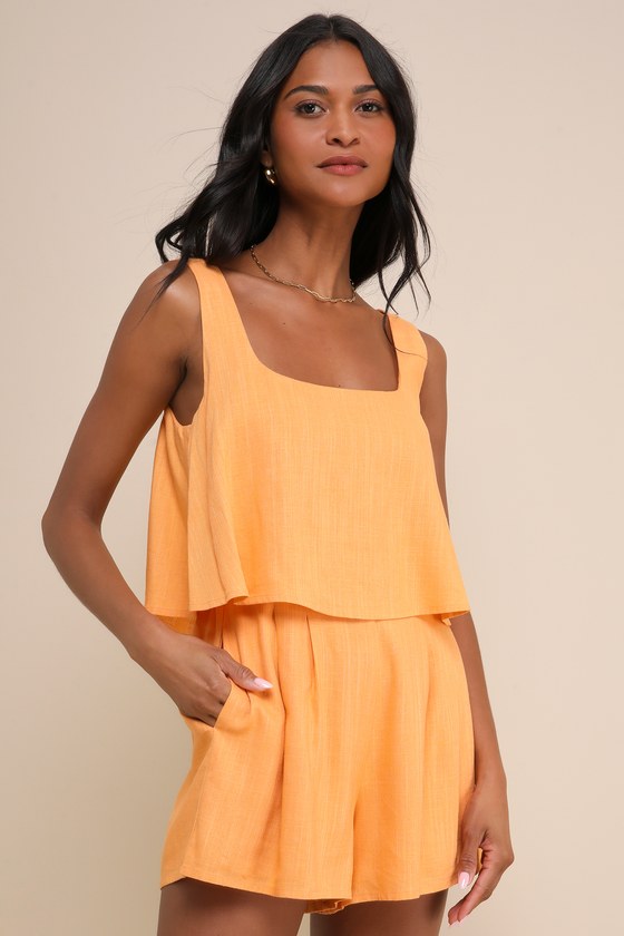 Effortless Escape Light Orange Linen Sleeveless Flounce Romper