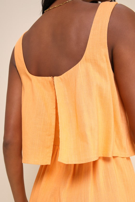 Effortless Escape Light Orange Linen Sleeveless Flounce Romper