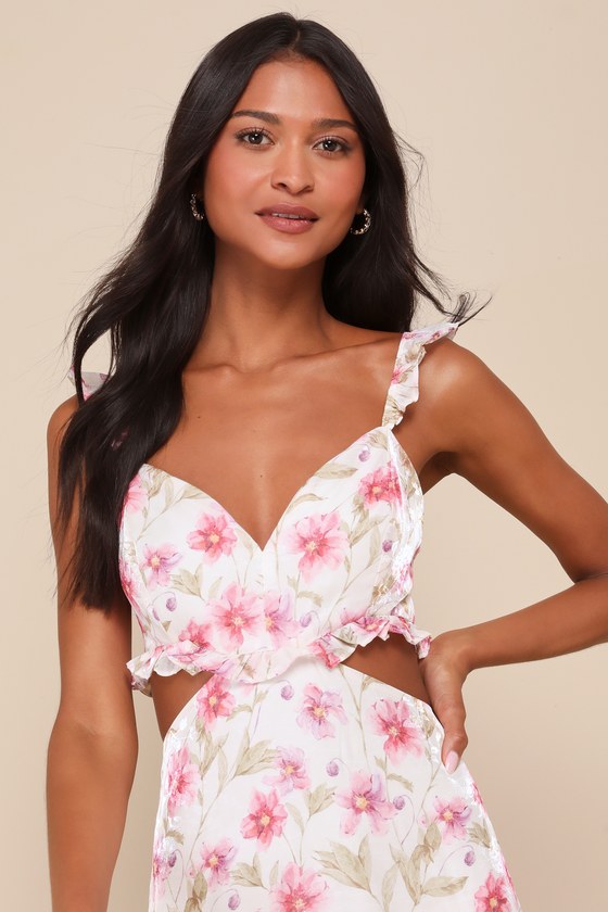 Spectacularly Gorgeous White Floral Cutout Ruffled Maxi Dress