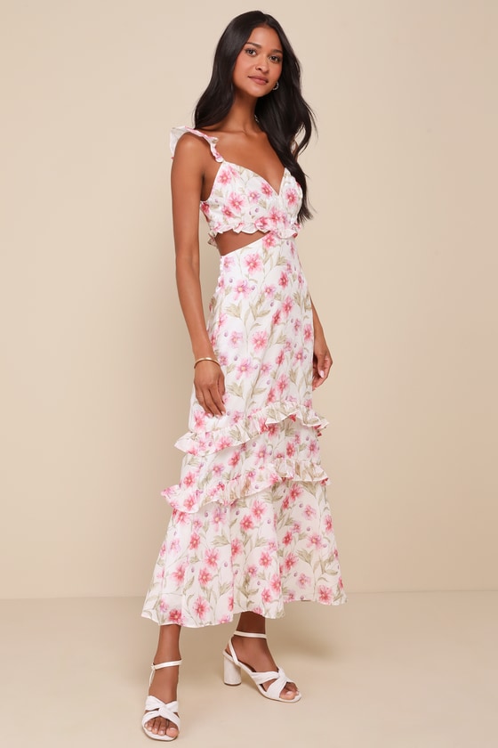 Spectacularly Gorgeous White Floral Cutout Ruffled Maxi Dress