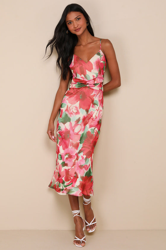 Beautiful Entrance Fuchsia Multi Floral Twist-Front Midi Dress