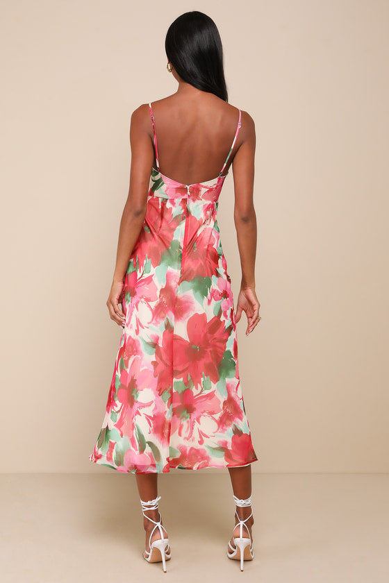 Beautiful Entrance Fuchsia Multi Floral Twist-Front Midi Dress