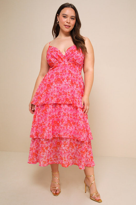 Adorable Obsession Pink Floral Print Lurex Tiered Midi Dress