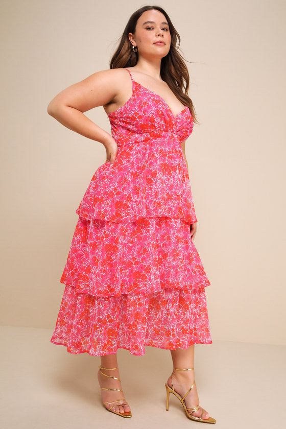 Adorable Obsession Pink Floral Print Lurex Tiered Midi Dress