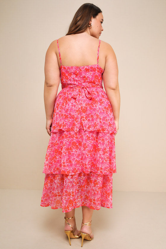 Adorable Obsession Pink Floral Print Lurex Tiered Midi Dress