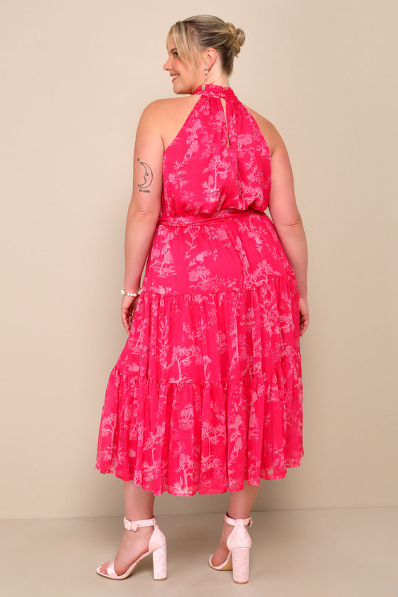 Float to You Hot Pink Floral Print Halter-Neck Tiered Midi Dress