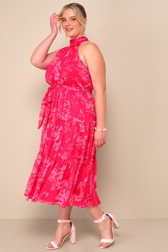 Float to You Hot Pink Floral Print Halter-Neck Tiered Midi Dress