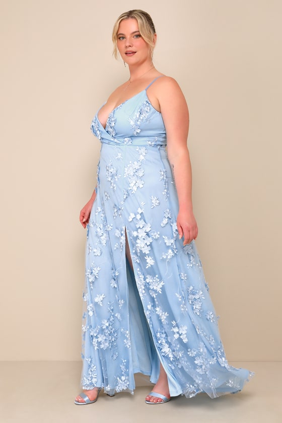 Rare Presence Powder Blue 3D Floral Surplice Maxi Dress