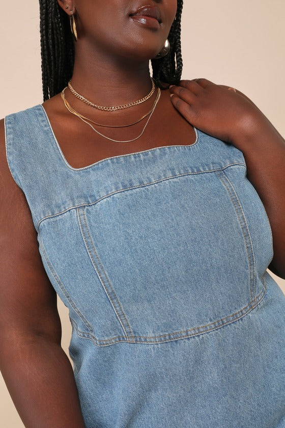 So Delighted Medium Wash Denim Corset Seam Mini Dress