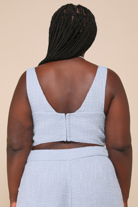 Chic and Sophisticated Light Blue Tweed Cropped Tank Top