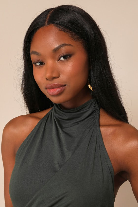 Cute Inspiration Dark Green Sleeveless Halter Top
