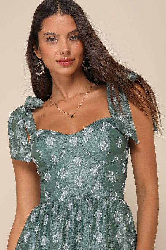 Gorgeous Excellence Teal Green Floral Burnout Tiered Midi Dress