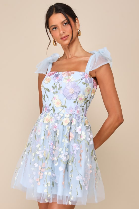 Classic Romance Blue 3D Floral Applique Tie-Strap Mini Dress
