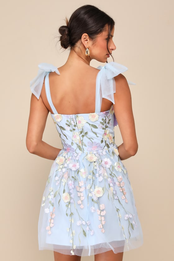 Classic Romance Blue 3D Floral Applique Tie-Strap Mini Dress