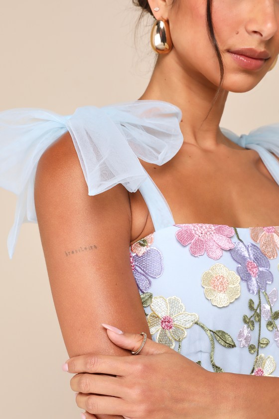Classic Romance Blue 3D Floral Applique Tie-Strap Mini Dress