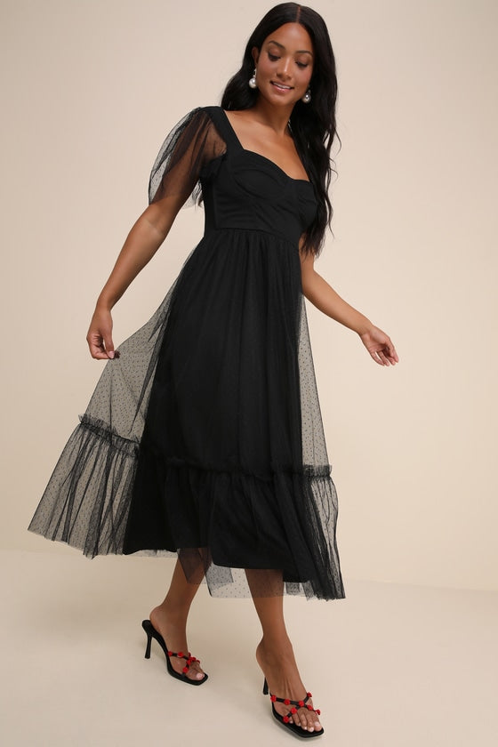 Dreamy Celebration Black Tulle Bustier Swiss Dot Midi Dress