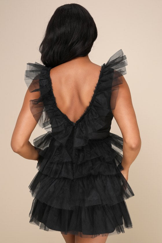 Striking Sensation Black Tulle Tiered Ruffled Mini Dress