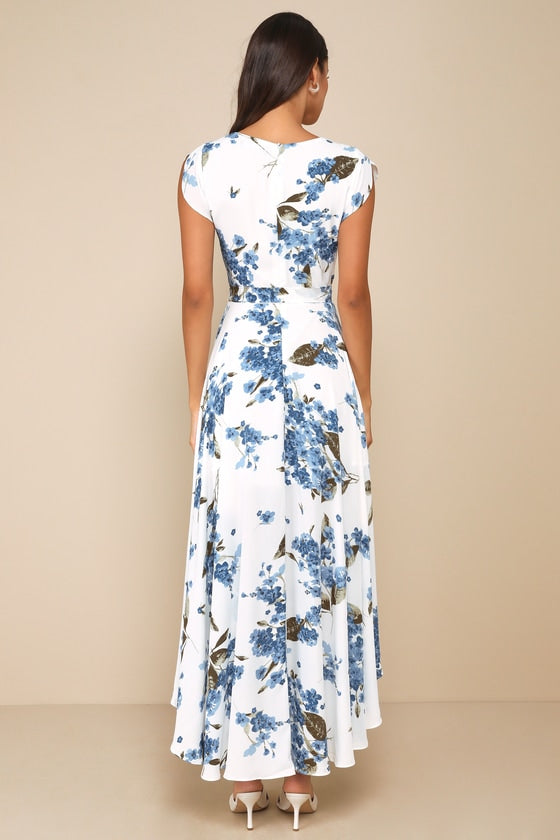 French Countryside White Floral Print High-Low Dress