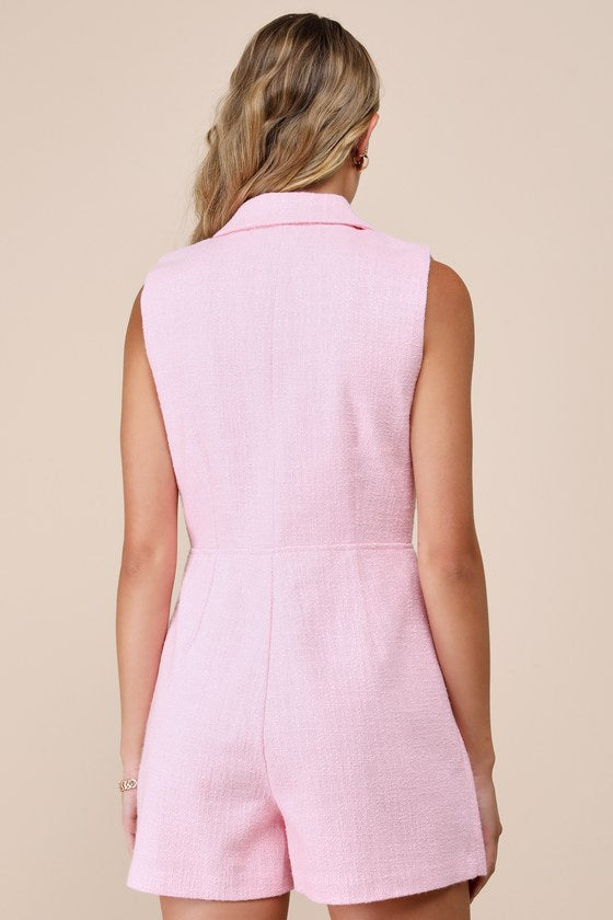 Paris Light Pink Tweed Collared Romper