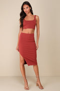 Set For Life Rust Red Ribbed Bodycon Two-Piece Dress