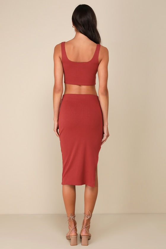Set For Life Rust Red Ribbed Bodycon Two-Piece Dress