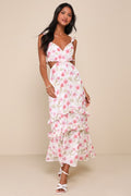 Spectacularly Gorgeous White Floral Cutout Ruffled Maxi Dress