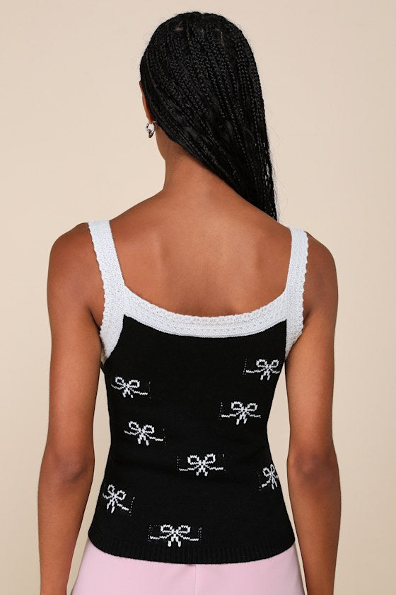 On the Bow Black and Ivory Bow Sweater Knit Tank Top