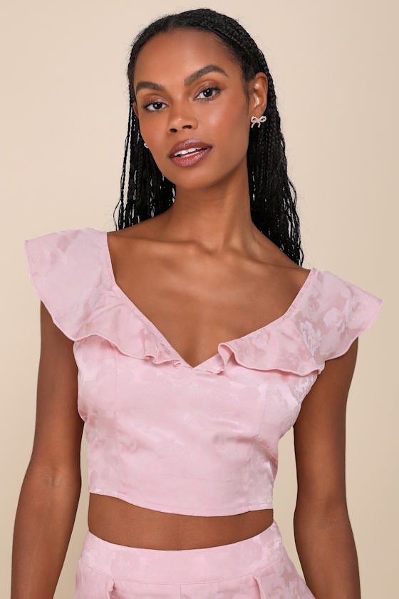 Exemplary Cutie Light Pink Satin Jacquard Ruffled Crop Top