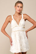 Delightfully Precious Cream Mesh Embroidered Ruffled Mini Dress