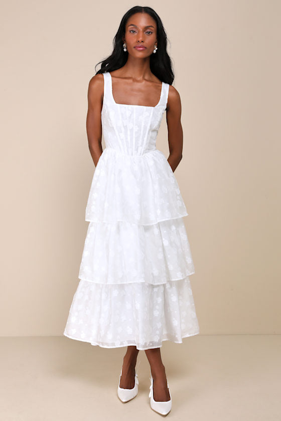 Sweet Potential White Floral Burnout Tiered Midi Dress