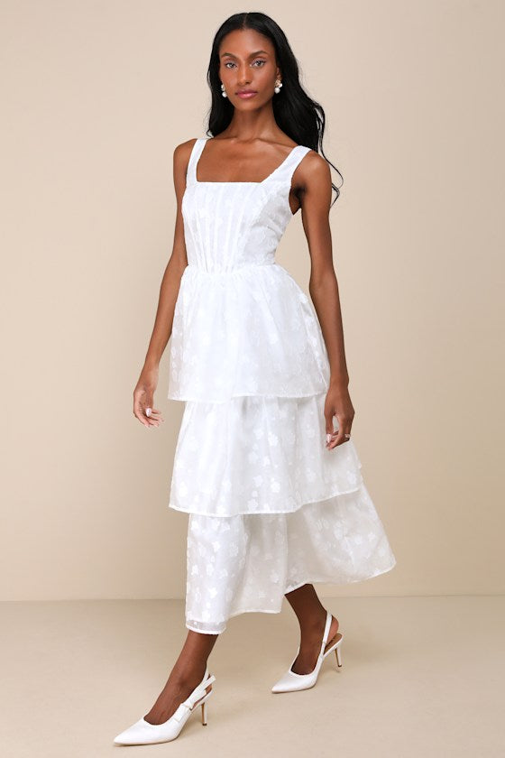 Sweet Potential White Floral Burnout Tiered Midi Dress