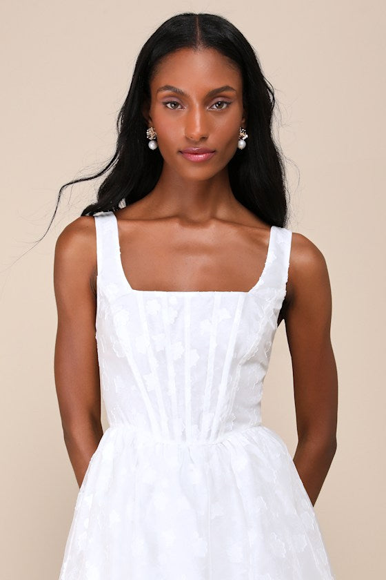 Sweet Potential White Floral Burnout Tiered Midi Dress