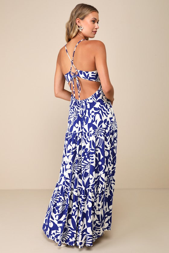 Mykonos Memories Blue and Ivory Abstract Maxi Dress With Pockets