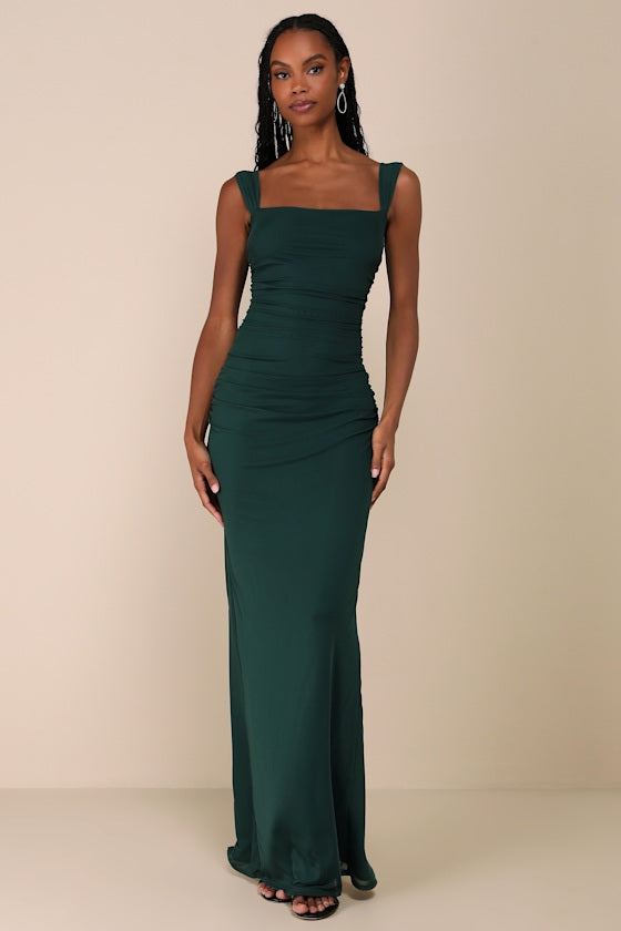 Amazing Presence Dark Green Mesh Ruched Column Maxi Dress