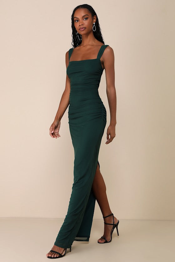 Amazing Presence Dark Green Mesh Ruched Column Maxi Dress
