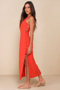 Masterfully Mod Bright Orange Side Button Midi Dress