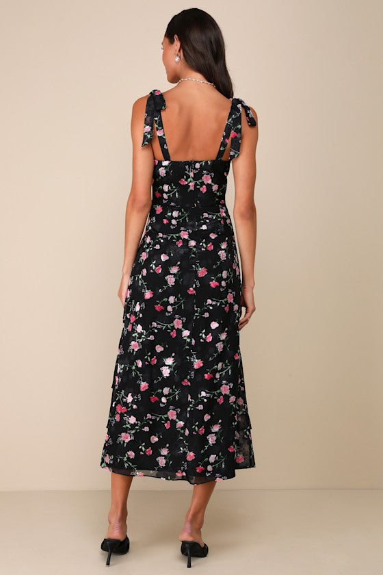 So Elevated Black Floral Jacquard Tie-Strap High-Low Midi Dress