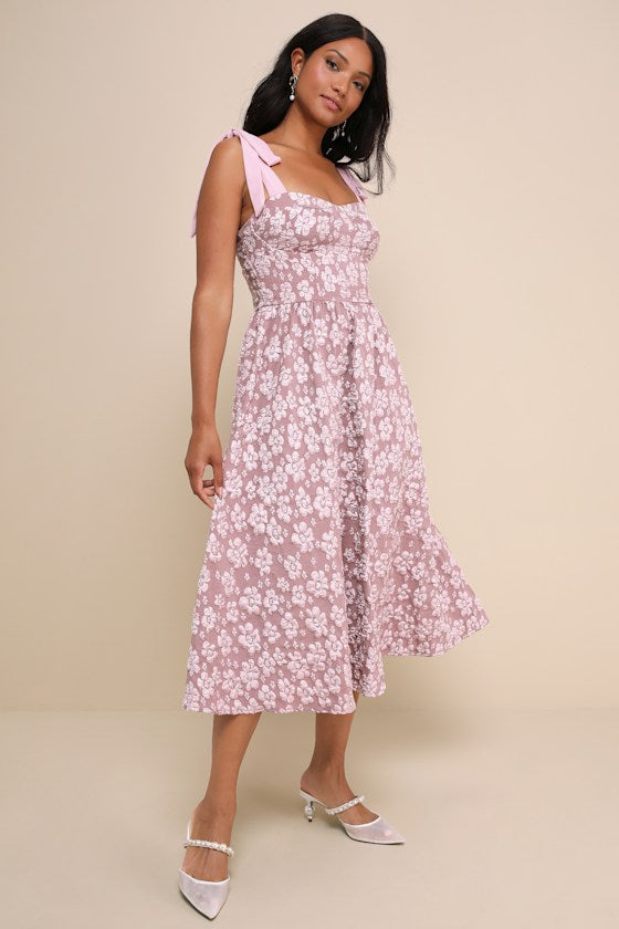 Bubbly Bliss Mauve Pink Jacquard Bustier Tie-Strap Midi Dress
