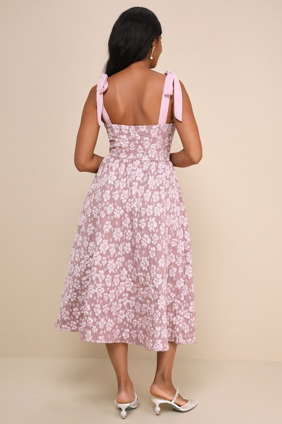 Bubbly Bliss Mauve Pink Jacquard Bustier Tie-Strap Midi Dress
