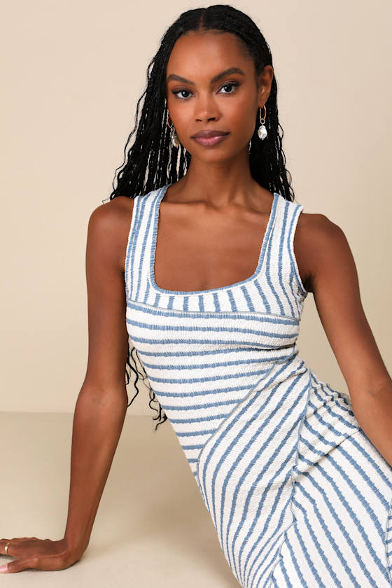 Constantly Trendy Blue Striped Crinkle Bodycon Midi Dress